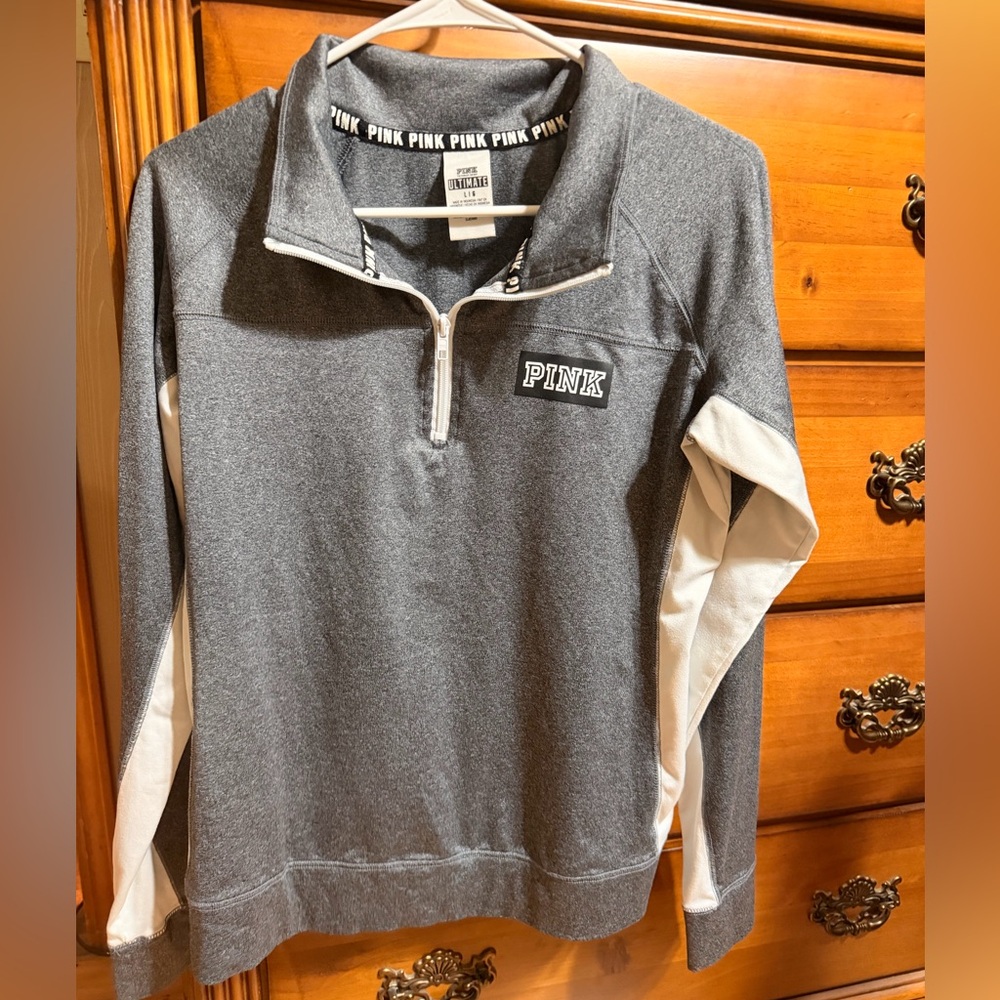 Victoria's Secret ultimate PINK Gray and White Quarter-Zip Sweatshirt